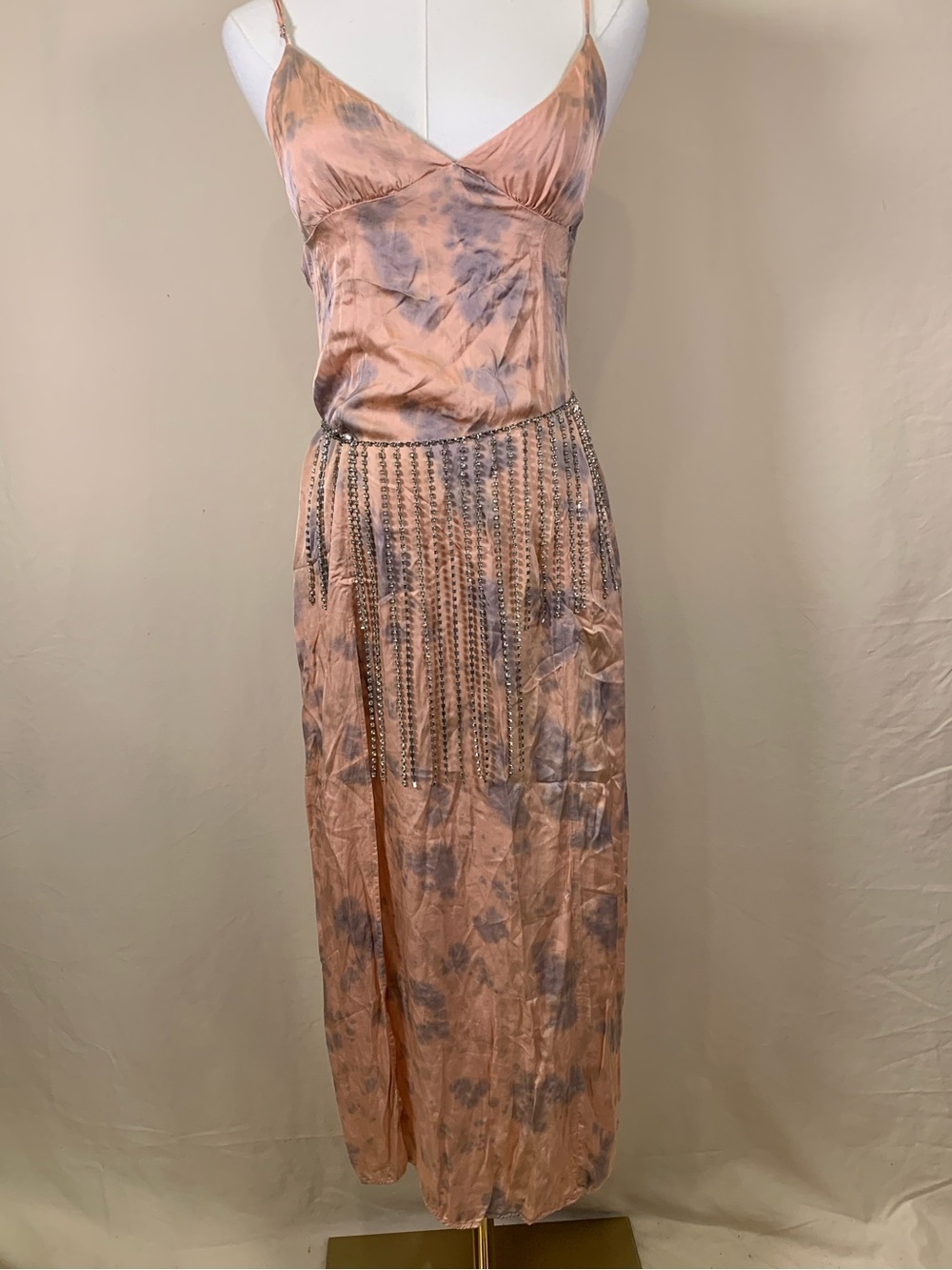 Blue Life Tie Dye Rhinestone Fringe Belt Slip Dress XS